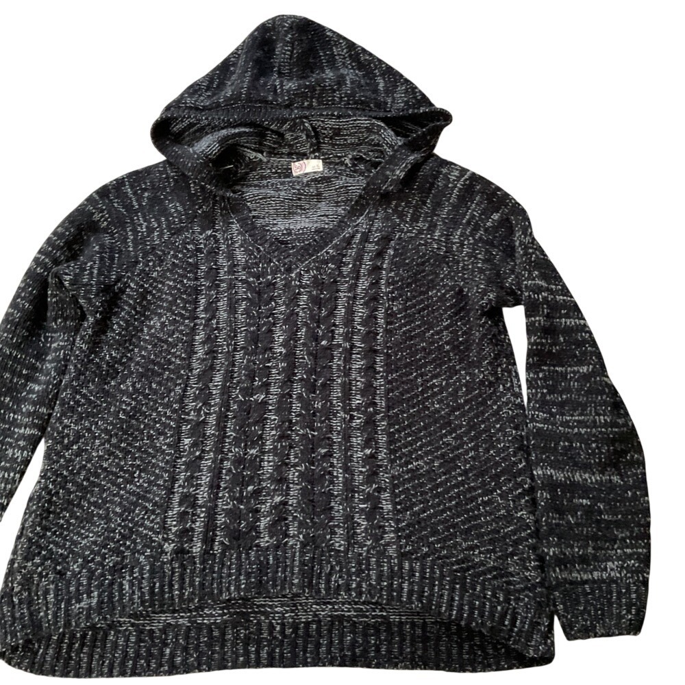 SO Black Speckled Cable Knit Hooded Sweater‎ XL V-Neck Long Sleeve